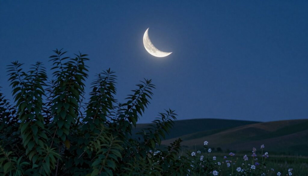 A serene night sky dominated by a delicate waxing crescent moon, glowing softly with a silvery luminescence. In the foreground, lush, dark green leaves of a shrub gently sway in the evening breeze, capturing the moonlight that filters through them. In the middle ground, a tranquil landscape unfolds with rolling hills bathed in a gentle twilight; small clusters of flowers bloom subtly, symbolizing new beginnings and emotional growth. In the background, a deep indigo sky filled with twinkling stars enhances the atmosphere of potential and hope. The lighting creates soft contrasts, emphasizing the calm yet energizing feeling of this moon phase. The overall mood is introspective and uplifting, embodying the theme of building momentum during the waxing crescent phase without any text or watermarks.