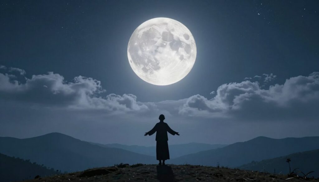 A serene night sky dominated by a large, luminous full moon casting a gentle silver glow over a tranquil landscape. In the foreground, a silhouette of a person stands on a hill, gazing upward with arms slightly outstretched, as if connecting with the lunar energy. The middle ground features softly illuminated clouds, swirling around the moon, enhancing the mystical atmosphere. The background displays distant mountains under a vast, star-studded sky, each star twinkling subtly. The scene should evoke feelings of introspection and wonder. Use soft, ethereal lighting to create a dreamlike quality, capturing the essence of intuition and the moon's timeless influence on human consciousness. Employ a wide shot to provide a sense of scale and connection.