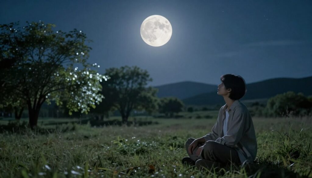 A serene night sky dominated by a luminous full moon casting silvery light over a tranquil landscape. In the foreground, a person dressed in modest casual clothing sits cross-legged on soft grass, gazing thoughtfully at the moon, their expression reflecting a mix of calmness and introspection. The middle ground features gently swaying trees, their leaves shimmering in the moonlight, suggesting a connection to nature's rhythms. In the background, rolling hills fade into a starry sky, creating a sense of depth and vastness. The scene is illuminated by soft, ethereal lighting, evoking a contemplative and peaceful atmosphere. Capture this moment with a subtle depth of field to emphasize the subject while keeping the surroundings slightly blurred, symbolizing the influence of the moon on emotional states. A serene night sky dominated by a luminous full moon casting silvery light over a tranquil landscape. In the foreground, a person dressed in modest casual clothing sits cross-legged on soft grass, gazing thoughtfully at the moon, their expression reflecting a mix of calmness and introspection. The middle ground features gently swaying trees, their leaves shimmering in the moonlight, suggesting a connection to nature's rhythms. In the background, rolling hills fade into a starry sky, creating a sense of depth and vastness. The scene is illuminated by soft, ethereal lighting, evoking a contemplative and peaceful atmosphere. Capture this moment with a subtle depth of field to emphasize the subject while keeping the surroundings slightly blurred, symbolizing the influence of the moon on emotional states.