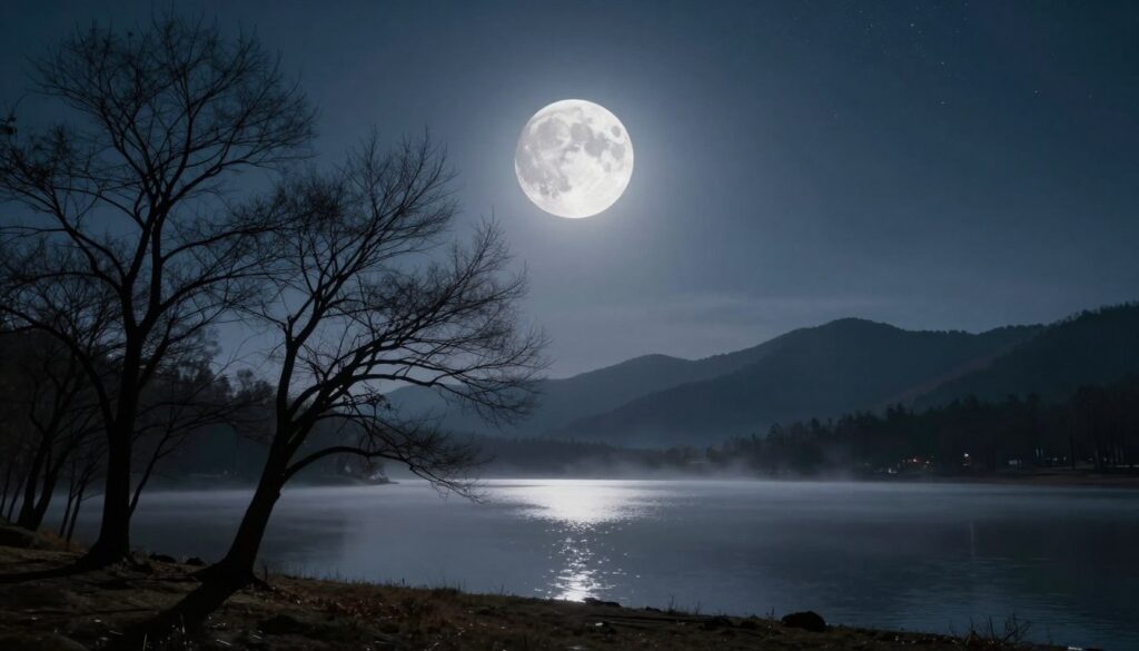 A serene night sky dominated by the new moon, casting gentle silver light that illuminates an ethereal landscape. In the foreground, delicate silhouettes of bare trees arch gracefully against the dark sky, their branches reaching toward the moon. The middle ground features a tranquil lake reflecting the lunar glow, surrounded by soft mist that adds a touch of mystery. In the background, distant mountains rise, cloaked in shadows under a starry expanse. The lighting is soft and diffused, creating a calming and introspective atmosphere. Capture this scene with a wide-angle lens to encompass the vastness of the sky and the delicate details of the landscape, evoking a sense of renewal and potential inherent in the symbolism of the new moon. A serene night sky dominated by the new moon, casting gentle silver light that illuminates an ethereal landscape. In the foreground, delicate silhouettes of bare trees arch gracefully against the dark sky, their branches reaching toward the moon. The middle ground features a tranquil lake reflecting the lunar glow, surrounded by soft mist that adds a touch of mystery. In the background, distant mountains rise, cloaked in shadows under a starry expanse. The lighting is soft and diffused, creating a calming and introspective atmosphere. Capture this scene with a wide-angle lens to encompass the vastness of the sky and the delicate details of the landscape, evoking a sense of renewal and potential inherent in the symbolism of the new moon.