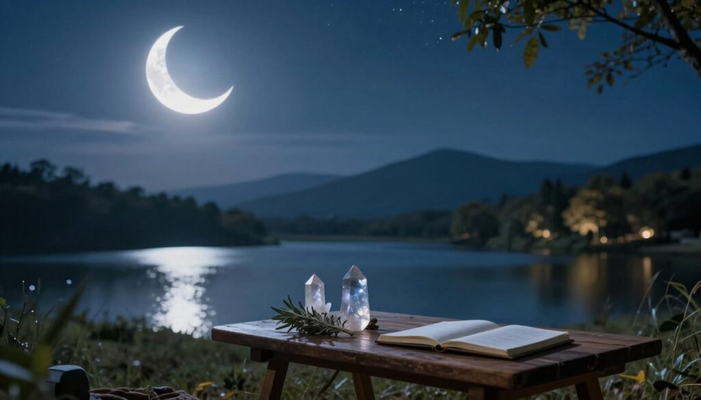 A serene night sky during the First Quarter Moon features a glowing, crescent moon positioned in the upper left corner, casting gentle, silvery light across a tranquil landscape. In the foreground, a small wooden table is adorned with crystals, sage, and a notebook, symbolizing intention-setting. The middle ground showcases a calm lake reflecting the moonlight, surrounded by softly illuminated trees. In the background, distant mountains silhouette against the starlit sky, enhancing the peaceful atmosphere. The lighting is soft and ethereal, with a cool color palette of blues and silvers, evoking a sense of clarity and introspection. The angle is slightly elevated, providing a sweeping view of the enchanting scene, inviting viewers to connect with the lunar energy. A serene night sky during the First Quarter Moon features a glowing, crescent moon positioned in the upper left corner, casting gentle, silvery light across a tranquil landscape. In the foreground, a small wooden table is adorned with crystals, sage, and a notebook, symbolizing intention-setting. The middle ground showcases a calm lake reflecting the moonlight, surrounded by softly illuminated trees. In the background, distant mountains silhouette against the starlit sky, enhancing the peaceful atmosphere. The lighting is soft and ethereal, with a cool color palette of blues and silvers, evoking a sense of clarity and introspection. The angle is slightly elevated, providing a sweeping view of the enchanting scene, inviting viewers to connect with the lunar energy.