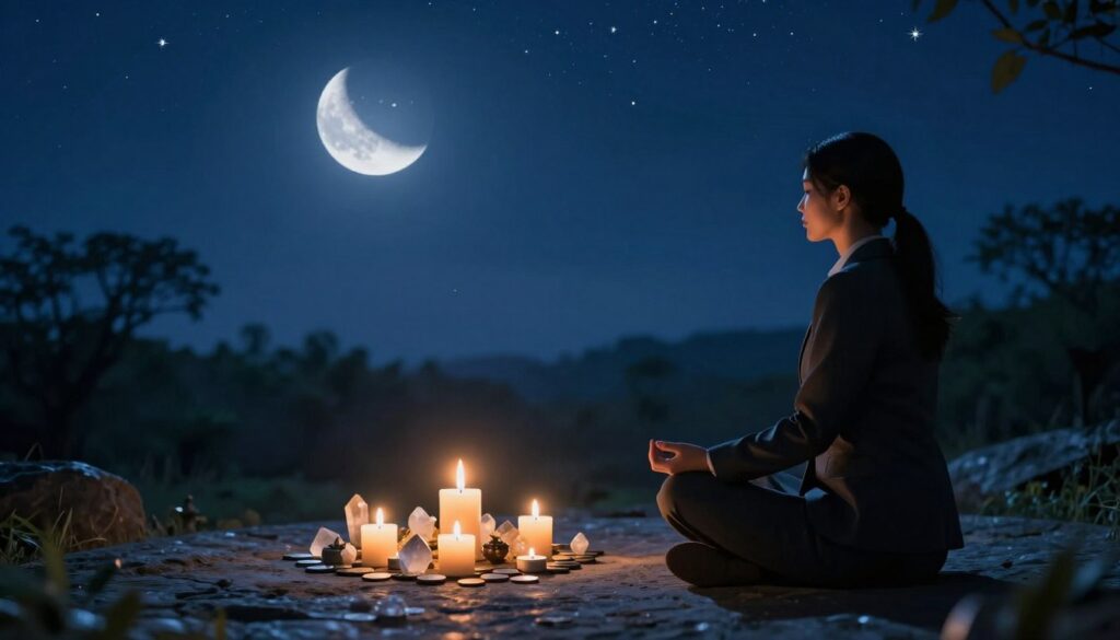 A serene night sky enveloped in deep navy blue hues, showcasing a delicate new moon softly glowing amidst a scattering of twinkling stars. In the foreground, a tranquil figure in professional business attire, sitting cross-legged on a smooth stone, is deeply engaged in a financial manifestation ritual. The middle layer features a small set of lit candles arranged in a circle, surrounded by crystals and symbolic coins, illuminating the scene with warm, flickering light. The background reveals a soft, hazy silhouette of lush trees under the moonlight, enhancing the calm and auspicious atmosphere. The overall mood is peaceful and hopeful, capturing the essence of new beginnings and positive intentions as the moon's energy aligns with financial aspirations. The image should be captured with a slight tilt-up perspective to emphasize the celestial beauty above. A serene night sky enveloped in deep navy blue hues, showcasing a delicate new moon softly glowing amidst a scattering of twinkling stars. In the foreground, a tranquil figure in professional business attire, sitting cross-legged on a smooth stone, is deeply engaged in a financial manifestation ritual. The middle layer features a small set of lit candles arranged in a circle, surrounded by crystals and symbolic coins, illuminating the scene with warm, flickering light. The background reveals a soft, hazy silhouette of lush trees under the moonlight, enhancing the calm and auspicious atmosphere. The overall mood is peaceful and hopeful, capturing the essence of new beginnings and positive intentions as the moon's energy aligns with financial aspirations. The image should be captured with a slight tilt-up perspective to emphasize the celestial beauty above.