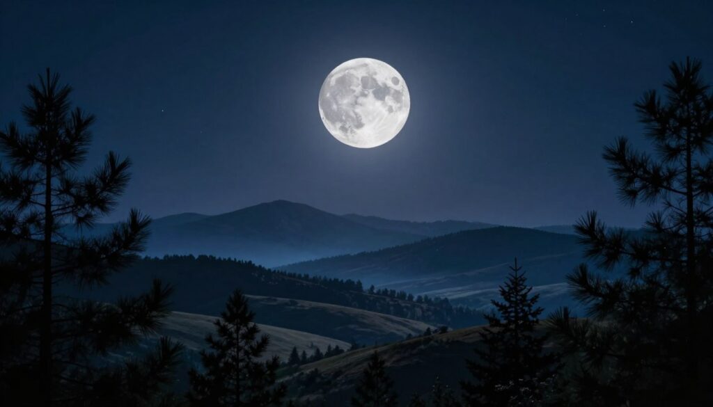 A serene night sky features a luminous gibbous moon. In the foreground, soft silhouettes of pines frame the scene, their gentle outlines contrasting with the moon's radiant glow. The middle layer displays a softly lit landscape, with rolling hills that catch the moonlight, creating a tranquil atmosphere. In the background, distant mountains taper into the horizon, partially shrouded in a gentle mist. The lighting is ethereal, with a blend of deep indigo and subtle silver tones, while stars twinkle faintly around the moon. The overall mood is reflective and mystical, evoking themes of astrology and celestial exploration, perfect for capturing the essence of the gibbous moon's significance.