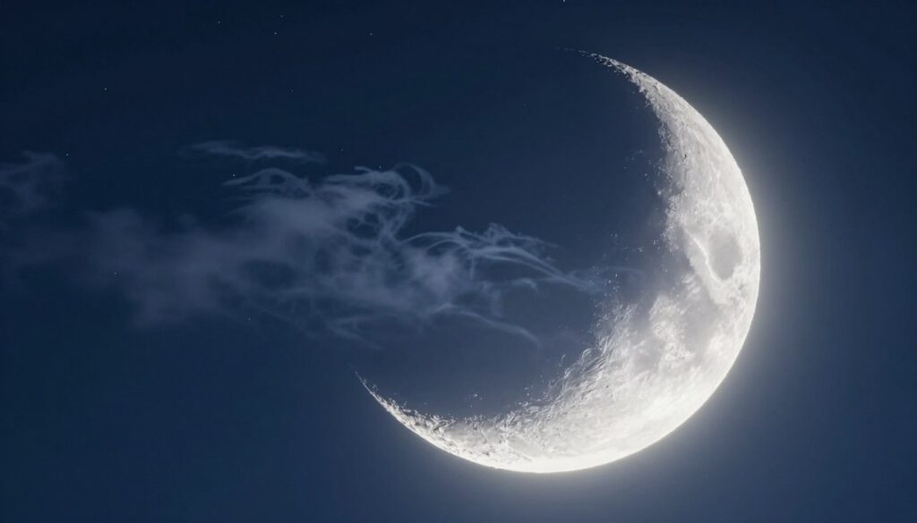 A serene night sky featuring a luminous crescent moon positioned prominently in the foreground, casting a gentle silver glow. The moon exhibits a textured surface, revealing intricate crater details and a soft, glowing halo. In the middle ground, delicate wisps of translucent clouds drift slowly by, illuminated by the moonlight, adding depth to the scene. The background is a deep navy blue, speckled with distant stars twinkling softly, creating a tranquil and enchanting atmosphere. The lighting is soft and ethereal, reminiscent of a calm night, with a slight vignette enhancing the focus on the crescent moon. Capture the scene with a wide-angle lens to emphasize the vastness of the night sky, evoking a sense of wonder and contemplation. A serene night sky featuring a luminous crescent moon positioned prominently in the foreground, casting a gentle silver glow. The moon exhibits a textured surface, revealing intricate crater details and a soft, glowing halo. In the middle ground, delicate wisps of translucent clouds drift slowly by, illuminated by the moonlight, adding depth to the scene. The background is a deep navy blue, speckled with distant stars twinkling softly, creating a tranquil and enchanting atmosphere. The lighting is soft and ethereal, reminiscent of a calm night, with a slight vignette enhancing the focus on the crescent moon. Capture the scene with a wide-angle lens to emphasize the vastness of the night sky, evoking a sense of wonder and contemplation.