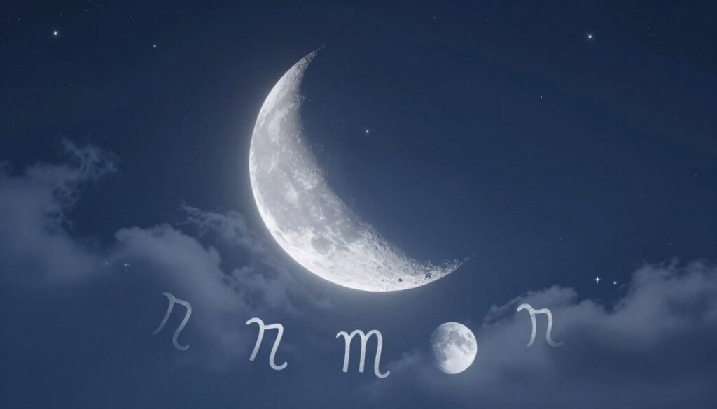 A serene night sky featuring a prominent half moon, beautifully illuminated against a starry background, symbolizing wisdom and introspection in astrology. In the foreground, delicate astrological symbols—such as the zodiac signs—are subtly integrated, reflecting their connection to lunar phases. Soft, ethereal lighting bathes the scene in a calming blue and silver hue, creating a tranquil atmosphere. In the middle ground, wisps of clouds gently surround the moon, enhancing the mystique. The angle is slightly tilted, capturing the moon's crescent shape directly, inviting viewers to contemplate its spiritual significance. Overall, the image should evoke a sense of peace, introspection, and cosmic connection. A serene night sky featuring a prominent half moon, beautifully illuminated against a starry background, symbolizing wisdom and introspection in astrology. In the foreground, delicate astrological symbols—such as the zodiac signs—are subtly integrated, reflecting their connection to lunar phases. Soft, ethereal lighting bathes the scene in a calming blue and silver hue, creating a tranquil atmosphere. In the middle ground, wisps of clouds gently surround the moon, enhancing the mystique. The angle is slightly tilted, capturing the moon's crescent shape directly, inviting viewers to contemplate its spiritual significance. Overall, the image should evoke a sense of peace, introspection, and cosmic connection.