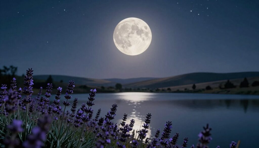 A serene night sky featuring a waxing gibbous moon, glowing softly with a warm, silvery light, illuminating the landscape below. In the foreground, delicate lavender flowers bloom, symbolizing emotional healing and growth. The middle ground reveals a calm, reflective lake that mirrors the moon’s luminous presence, enhancing the sense of tranquility and anticipation. In the background, gentle hills rise under a blanket of softly twinkling stars, completing the atmospheric scene. The lighting should evoke a soothing, nurturing ambiance, creating a sense of hope and possibility. Capture this from a slightly elevated angle to encompass the expansive sky, accentuating the peaceful and introspective mood of emotional breakthroughs and personal expansion.
