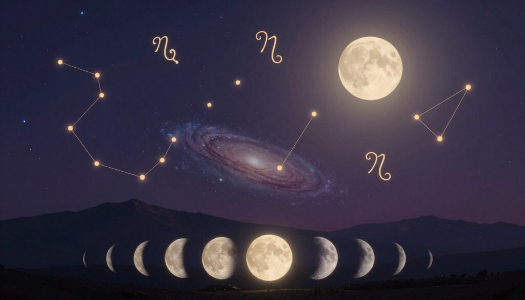 A serene night sky filled with ethereal constellations representing the twelve zodiac signs, softly illuminated by a luminous full moon. In the foreground, delicate moon phases gracefully transition, symbolizing the interplay between sun signs and moon signs. The middle layer features cosmic elements like swirling galaxies and twinkling stars, evoking a sense of mystery and wonder. The background reveals silhouetted mountains against a deep indigo sky, adding depth to the scene. Soft light radiates from the moon, casting a calm and reflective atmosphere. Capture this celestial alignment with a wide-angle lens to enhance the vastness, focusing on warm, inviting hues to create a harmonious balance. Aim for a dreamy and introspective mood, embodying the relationship and complementary nature of moon and sun signs. A serene night sky filled with ethereal constellations representing the twelve zodiac signs, softly illuminated by a luminous full moon. In the foreground, delicate moon phases gracefully transition, symbolizing the interplay between sun signs and moon signs. The middle layer features cosmic elements like swirling galaxies and twinkling stars, evoking a sense of mystery and wonder. The background reveals silhouetted mountains against a deep indigo sky, adding depth to the scene. Soft light radiates from the moon, casting a calm and reflective atmosphere. Capture this celestial alignment with a wide-angle lens to enhance the vastness, focusing on warm, inviting hues to create a harmonious balance. Aim for a dreamy and introspective mood, embodying the relationship and complementary nature of moon and sun signs.