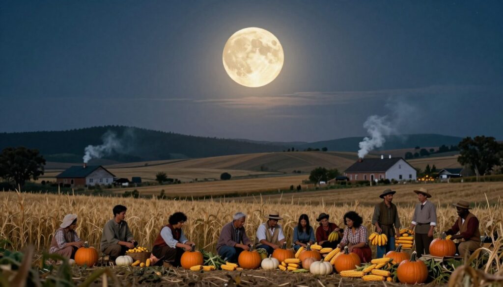 A serene night sky illuminated by a bright, full Harvest Moon hanging low on the horizon, casting a warm, golden glow over a picturesque rural landscape. In the foreground, a diverse group of people from different cultural backgrounds dressed in modest seasonal attire, joyfully gathering crops like pumpkins and corn, celebrating the bounty of the harvest. The middle ground features rolling fields with harvest-ready grains swaying gently in the breeze, while farmhouses with smoke curling peacefully from chimneys dot the landscape. In the background, gentle hills fade into soft silhouettes under a starry sky, creating a tranquil atmosphere. The scene is bathed in soft moonlight, highlighting the warmth of community and cultural significance of the Harvest Moon. The composition is captured at a low angle, emphasizing the moon’s grandeur and the intimate gathering below. A serene night sky illuminated by a bright, full Harvest Moon hanging low on the horizon, casting a warm, golden glow over a picturesque rural landscape. In the foreground, a diverse group of people from different cultural backgrounds dressed in modest seasonal attire, joyfully gathering crops like pumpkins and corn, celebrating the bounty of the harvest. The middle ground features rolling fields with harvest-ready grains swaying gently in the breeze, while farmhouses with smoke curling peacefully from chimneys dot the landscape. In the background, gentle hills fade into soft silhouettes under a starry sky, creating a tranquil atmosphere. The scene is bathed in soft moonlight, highlighting the warmth of community and cultural significance of the Harvest Moon. The composition is captured at a low angle, emphasizing the moon’s grandeur and the intimate gathering below.