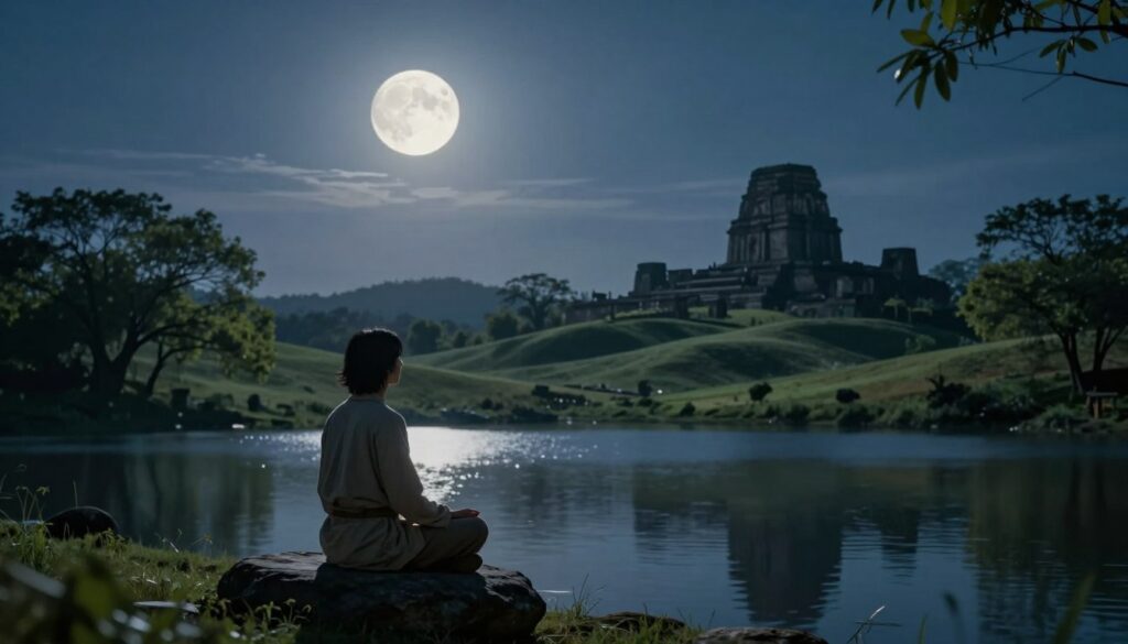 A serene night sky illuminated by a full moon casts a gentle glow over a tranquil landscape. In the foreground, a meditative figure in modest casual clothing sits cross-legged on a smooth stone near a still lake, reflecting the moonlight. The middle ground features soft rolling hills adorned with lush trees, their leaves whispering in a light breeze. In the background, ancient stone ruins rise against the night sky, hinting at historical connections to lunar worship and mindfulness practices. The lighting is soft and ethereal, creating a calming atmosphere, while the angle captures the moon's reflection on the water's surface, evoking a sense of peace and introspection. The overall mood conveys a deep connection between the cosmos and self-reflection, inviting viewers to explore the historical ties between the moon and mindfulness.