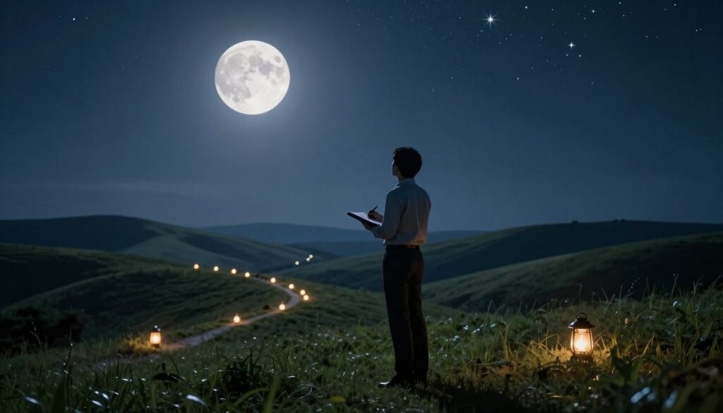 A serene night sky illuminated by a full moon casts a gentle, silvery glow over a tranquil landscape. In the foreground, a figure dressed in modest, professional business attire stands on a grassy hilltop, gazing up at the moon. The figure holds a notebook, writing under the moonlight, symbolizing goal-setting and reflections associated with lunar intention. In the middle ground, softly glowing lanterns line a path leading up the hill, symbolizing guidance and clarity. In the background, rolling hills gently fade into a starry night sky, with twinkling stars creating a sense of vast potential. The atmosphere is calm and contemplative, evoking feelings of introspection and mindful planning. Soft moonlight bathes the scene, creating a magical ambiance. A serene night sky illuminated by a full moon casts a gentle, silvery glow over a tranquil landscape. In the foreground, a figure dressed in modest, professional business attire stands on a grassy hilltop, gazing up at the moon. The figure holds a notebook, writing under the moonlight, symbolizing goal-setting and reflections associated with lunar intention. In the middle ground, softly glowing lanterns line a path leading up the hill, symbolizing guidance and clarity. In the background, rolling hills gently fade into a starry night sky, with twinkling stars creating a sense of vast potential. The atmosphere is calm and contemplative, evoking feelings of introspection and mindful planning. Soft moonlight bathes the scene, creating a magical ambiance.