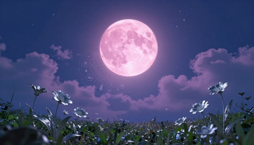 A serene night sky illuminated by a large, glowing pink moon, surrounded by soft, wispy clouds. The foreground features silvery silhouettes of blooming flowers and lush greenery, symbolizing renewal and growth. In the middle ground, an abstract representation of astrological symbols delicately intertwines with twinkling stars, reflecting the mystical nature of astrology. The background showcases a gradient of deep blues and purples, enhancing the magical atmosphere. Soft, ethereal light radiates from the moon, casting gentle glows across the scene, creating a tranquil yet enchanting mood. The image is shot from a low angle, emphasizing the grandeur of the moon against the starry sky, inviting viewers to explore the depths of astrological meanings associated with this celestial event.