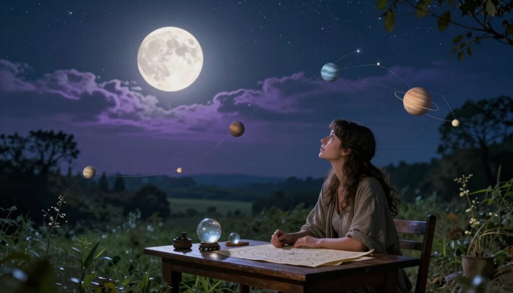 A serene night sky illuminated by a luminous full moon, casting a soft glow on swirling clouds. In the foreground, an astrologer in modest casual clothing, seated at a wooden table adorned with astrological charts and crystal orbs, gazes thoughtfully up at the celestial bodies. Surrounding her are ethereal representations of planets, interconnected by delicate, glowing lines symbolizing their relationships. The middle ground features lush greenery under the moonlight, reflecting calmness and emotional harmony. In the background, a vast, star-filled sky deepens into dark blues and purples, with hints of shimmering constellations. The atmosphere is peaceful yet mystical, embodying the harmony between lunar influences and emotional well-being. Soft lighting enhances the scene, creating a tranquil and introspective mood, inviting viewers to ponder the cosmic connections. A serene night sky illuminated by a luminous full moon, casting a soft glow on swirling clouds. In the foreground, an astrologer in modest casual clothing, seated at a wooden table adorned with astrological charts and crystal orbs, gazes thoughtfully up at the celestial bodies. Surrounding her are ethereal representations of planets, interconnected by delicate, glowing lines symbolizing their relationships. The middle ground features lush greenery under the moonlight, reflecting calmness and emotional harmony. In the background, a vast, star-filled sky deepens into dark blues and purples, with hints of shimmering constellations. The atmosphere is peaceful yet mystical, embodying the harmony between lunar influences and emotional well-being. Soft lighting enhances the scene, creating a tranquil and introspective mood, inviting viewers to ponder the cosmic connections.