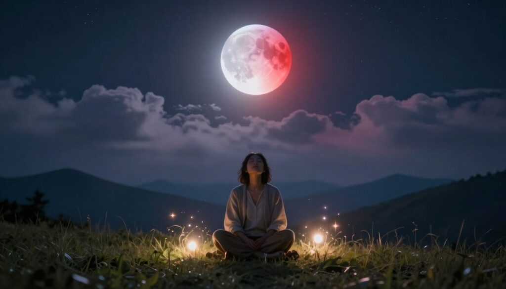 A serene night sky illuminated by a stunning lunar eclipse, showcasing the moon transitioning from bright white to deep reddish hues. In the foreground, a peaceful figure in casual, modest clothing sits cross-legged on a grassy hill, eyes closed and face upwards, embracing the energy of the eclipse. Surrounding the figure, soft, glowing orbs of light symbolize healing and energy flow, gently radiating outward. In the middle, celestial clouds float with a subtle mist, casting a dreamy aura. The background features silhouettes of distant mountains under a starry sky, creating a tranquil atmosphere. The overall lighting is soft and ethereal, with a focus on the moon as the central element, enhancing the mood of introspective healing and cosmic connection. A serene night sky illuminated by a stunning lunar eclipse, showcasing the moon transitioning from bright white to deep reddish hues. In the foreground, a peaceful figure in casual, modest clothing sits cross-legged on a grassy hill, eyes closed and face upwards, embracing the energy of the eclipse. Surrounding the figure, soft, glowing orbs of light symbolize healing and energy flow, gently radiating outward. In the middle, celestial clouds float with a subtle mist, casting a dreamy aura. The background features silhouettes of distant mountains under a starry sky, creating a tranquil atmosphere. The overall lighting is soft and ethereal, with a focus on the moon as the central element, enhancing the mood of introspective healing and cosmic connection.