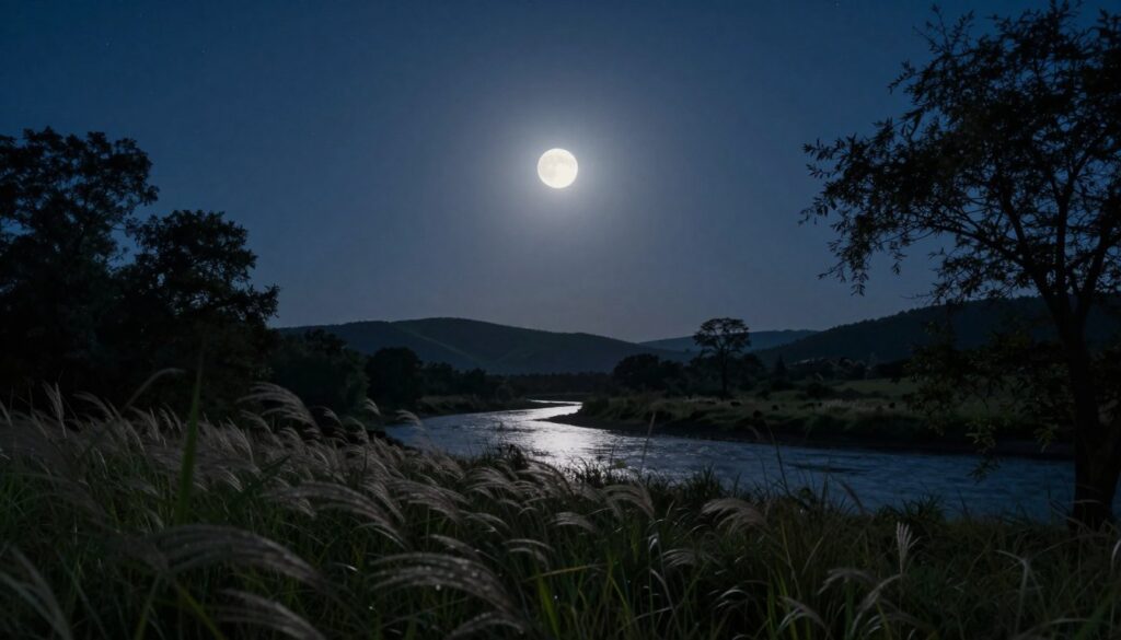 A serene night sky illuminated by a subtle new moon casts a gentle glow over a tranquil landscape. In the foreground, delicate grasses sway in a soft breeze, while calming silhouettes of trees frame the scene. The middle ground features a peaceful river reflecting the sparse light of the moon, suggesting a sense of depth and tranquility. In the background, rolling hills gently rise under the dark blue heavens sprinkled with tiny stars. The atmosphere is one of introspection and renewal, evoking feelings of calm and intuitive awakening. Soft, ambient lighting enhances the scene, with a focus on the moon, captured using a wide-angle lens to emphasize its significance. The overall composition inspires thoughts of new beginnings and the development of inner intuition. A serene night sky illuminated by a subtle new moon casts a gentle glow over a tranquil landscape. In the foreground, delicate grasses sway in a soft breeze, while calming silhouettes of trees frame the scene. The middle ground features a peaceful river reflecting the sparse light of the moon, suggesting a sense of depth and tranquility. In the background, rolling hills gently rise under the dark blue heavens sprinkled with tiny stars. The atmosphere is one of introspection and renewal, evoking feelings of calm and intuitive awakening. Soft, ambient lighting enhances the scene, with a focus on the moon, captured using a wide-angle lens to emphasize its significance. The overall composition inspires thoughts of new beginnings and the development of inner intuition.