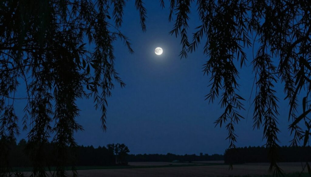 A serene night sky illuminating the new moon, a slender crescent barely visible, set against a deep indigo cosmic backdrop. In the foreground, silhouettes of gently swaying tree branches create a peaceful frame, their leaves softly rustling in the night breeze. The middle ground features a calm landscape, hinting at fields bathed in gentle moonlight, giving a subtle sense of depth. The atmosphere is tranquil and contemplative, symbolizing new beginnings and fresh ideas. Soft, ambient lighting casts delicate shadows, enhancing the feeling of stillness and inspiration. The scene is captured from a low angle, drawing the viewer's eye upward, towards the softly glowing moon, evoking a mood of potential and creativity.