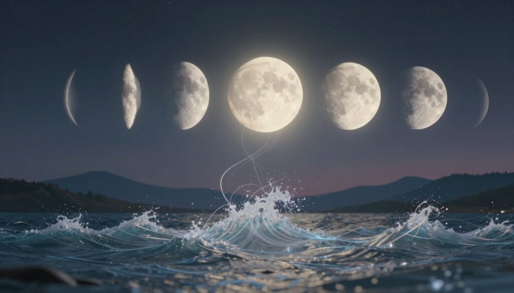 A serene night sky showcases the various lunar phases in a harmonious energy flow, illustrating their influence on human well-being. In the foreground, delicate, translucent waves of energy shimmer, representing a connection between the moons and personal vitality. The middle ground features the moon in its different phases—new, waxing, full, and waning—each phase radiating a soft, ethereal glow, connected by flowing, luminous lines. In the background, a tranquil landscape blends softly with the night sky, featuring distant mountains under gentle starlight. The overall mood is calming and introspective, capturing the essence of lunar cycles. Utilize a soft focus lens to create a dreamlike atmosphere, with cool, muted colors to enhance the sense of peace and connection to nature. A serene night sky showcases the various lunar phases in a harmonious energy flow, illustrating their influence on human well-being. In the foreground, delicate, translucent waves of energy shimmer, representing a connection between the moons and personal vitality. The middle ground features the moon in its different phases—new, waxing, full, and waning—each phase radiating a soft, ethereal glow, connected by flowing, luminous lines. In the background, a tranquil landscape blends softly with the night sky, featuring distant mountains under gentle starlight. The overall mood is calming and introspective, capturing the essence of lunar cycles. Utilize a soft focus lens to create a dreamlike atmosphere, with cool, muted colors to enhance the sense of peace and connection to nature.