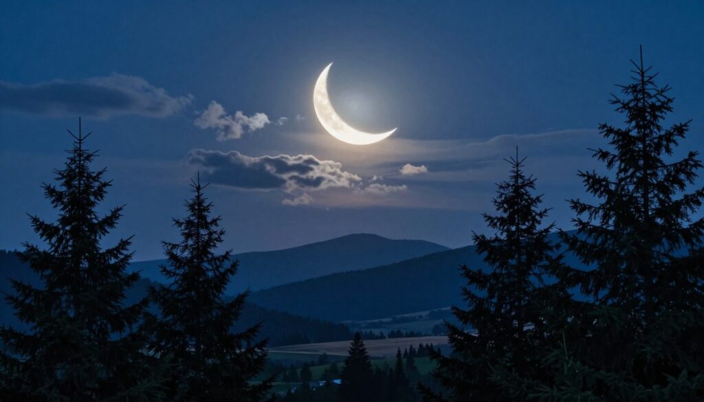 A serene night sky showcasing a glowing waxing crescent moon, cradled by soft wisps of silvery clouds. In the foreground, silhouette of gently swaying evergreen trees adds depth, contrasting against the moon's luminescence. The middle ground features a tranquil landscape, illuminated by the moonlight, suggesting a quiet solitude perfect for reflection. In the background, distant mountains fade into deep blue hues, capturing the essence of a peaceful evening. Soft, ethereal lighting casts a calming glow, creating a tranquil atmosphere. The angle captures the crescent moon low in the sky, inviting viewers to experience a moment of inspiration and quiet focus, embodying the theme of building momentum and clarity.