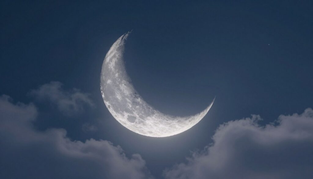 A serene night sky showcasing a large, waxing crescent moon, gracefully illuminated by soft, silvery light that casts gentle shadows. In the foreground, delicate clouds drift across the scene, partially veiling the moon, while twinkling stars emerge in the background, creating a sense of wonder and tranquility. The moon's illuminated crescent shape should be pronounced, with textured craters and grooves hinting at its surface details. The overall lighting is soft and ethereal, evoking a peaceful atmosphere, ideal for reflection and inspiration. Aim for a wide-angle view to capture the expansive beauty of the night sky, inviting viewers to connect with the celestial ambiance and feel the promise of new beginnings. A serene night sky showcasing a large, waxing crescent moon, gracefully illuminated by soft, silvery light that casts gentle shadows. In the foreground, delicate clouds drift across the scene, partially veiling the moon, while twinkling stars emerge in the background, creating a sense of wonder and tranquility. The moon's illuminated crescent shape should be pronounced, with textured craters and grooves hinting at its surface details. The overall lighting is soft and ethereal, evoking a peaceful atmosphere, ideal for reflection and inspiration. Aim for a wide-angle view to capture the expansive beauty of the night sky, inviting viewers to connect with the celestial ambiance and feel the promise of new beginnings.