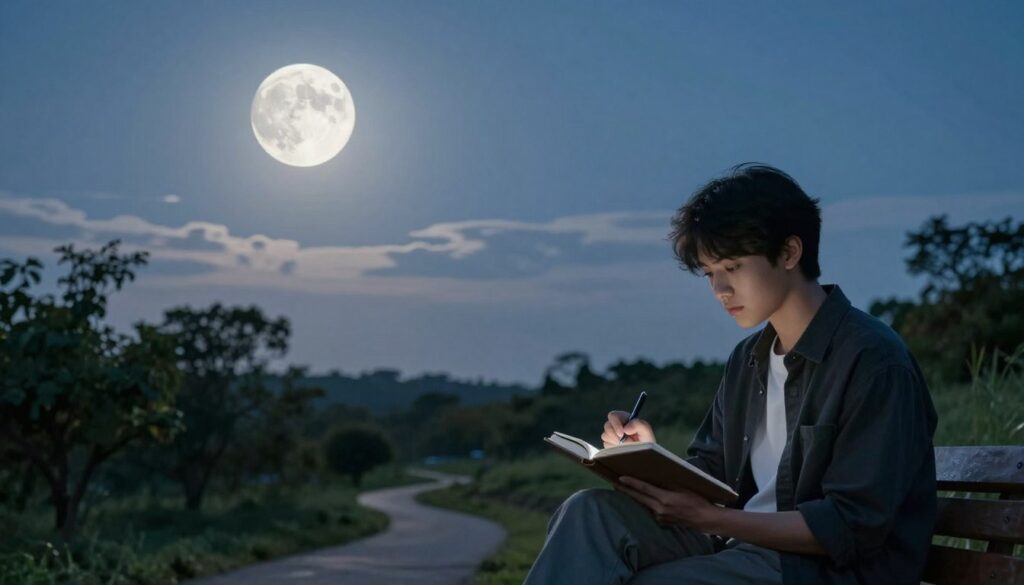 A serene night sky showcasing a luminous First Quarter Moon, casting gentle silver light over a tranquil landscape. In the foreground, a person in smart casual attire is interacting with a journal, writing down goals with an expression of determination and focus. The middle ground features lush trees and a winding path, symbolizing the journey of habit formation. In the background, soft clouds dance across the sky, enhancing the ethereal atmosphere. The scene is illuminated under soft moonlight, creating a calm and motivational mood. Shot with a wide-angle lens to capture the expansiveness of the night, conveying a sense of clarity and purpose in taking action toward personal growth.