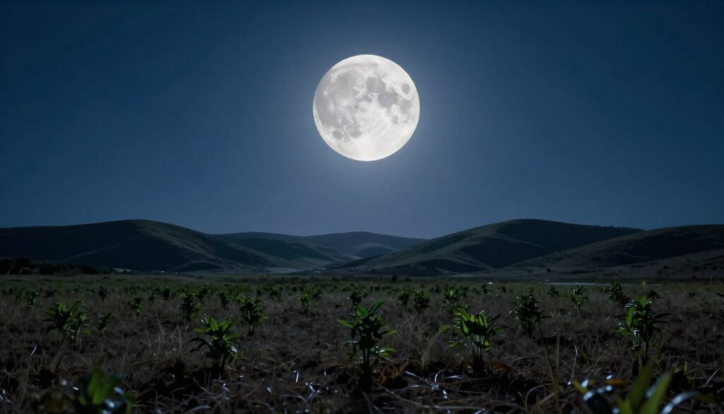 A serene night sky showcasing a radiant First Quarter Moon in the foreground, casting soft silver light across a tranquil landscape. In the middle ground, an open field dotted with resilient plants symbolizing growth and determination, illuminated gently by the moonlight. In the background, rolling hills under a starlit sky, creating a sense of depth and connection to nature. The scene is captured from a slightly low angle, enhancing the grandeur of the moon and the height of the hills. The atmosphere is contemplative and inspiring, with a cool color palette featuring deep blues and silvery whites, evoking a sense of possibility and overcoming challenges. No humans or any text within the image.