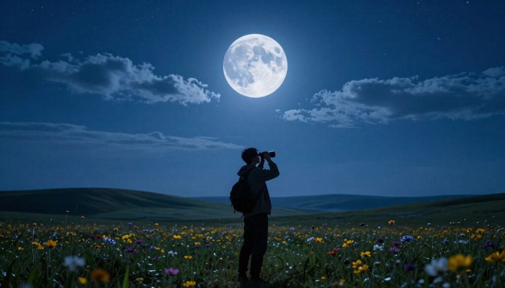 A serene night sky showcasing a stunning blue moon illuminating a tranquil landscape. In the foreground, a silhouette of a stargazer, dressed in modest attire and holding binoculars, gazes upward in awe. In the middle ground, a calm horizon with gently rolling hills and a field of wildflowers softly lit by the moonlight, adding a touch of color to the scene. The background features a clear, star-studded sky, with clouds gracefully framing the moon, enhancing its vibrant blue hue. The atmosphere is peaceful and reflective, evoking a sense of wonder and exploration. The scene is captured with a wide-angle lens, providing a sense of expansiveness, while strategically placed soft lighting highlights the moon’s features and the stargazer’s expression of fascination. A serene night sky showcasing a stunning blue moon illuminating a tranquil landscape. In the foreground, a silhouette of a stargazer, dressed in modest attire and holding binoculars, gazes upward in awe. In the middle ground, a calm horizon with gently rolling hills and a field of wildflowers softly lit by the moonlight, adding a touch of color to the scene. The background features a clear, star-studded sky, with clouds gracefully framing the moon, enhancing its vibrant blue hue. The atmosphere is peaceful and reflective, evoking a sense of wonder and exploration. The scene is captured with a wide-angle lens, providing a sense of expansiveness, while strategically placed soft lighting highlights the moon’s features and the stargazer’s expression of fascination.