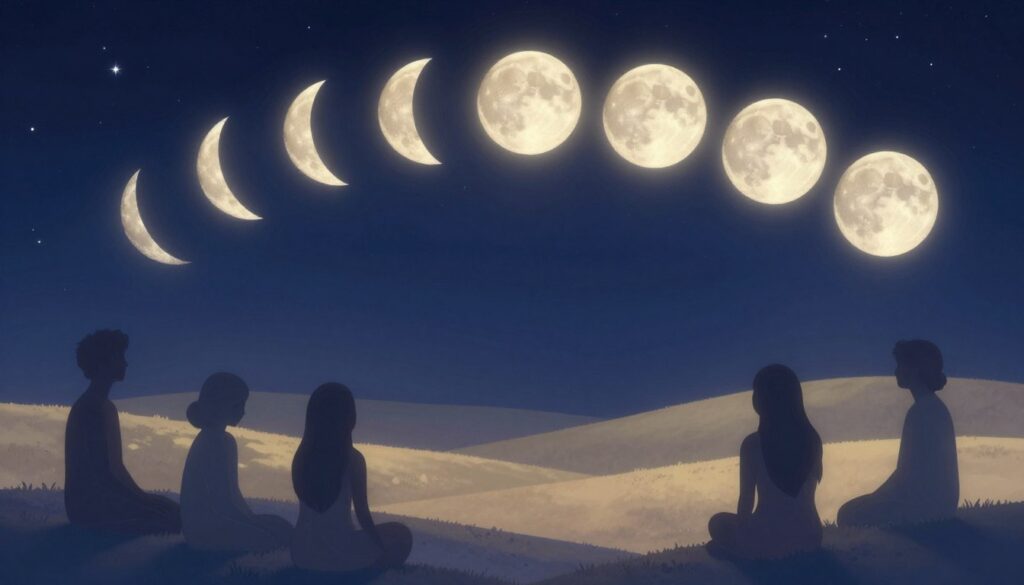 A serene night sky showcasing the different phases of the moon, arranged in a circular sequence from new moon to full moon, each phase subtly altering the backdrop. In the foreground, soft silhouettes of abstract human figures display various emotions—joy, contemplation, sadness, and tranquility—each connected to the respective moon phase. The middle ground features a gentle, luminous landscape with soft hills reflecting moonlight, evoking a sense of calm and introspection. The background is a deep indigo, dotted with twinkling stars, creating a tranquil atmosphere. Warm, ethereal lighting emanates from the moons, casting gentle shadows and enhancing emotional depth. The mood is contemplative and uplifting, encouraging viewers to connect with their feelings as they observe the celestial transition.