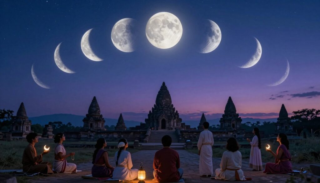 A serene night sky showcasing the distinct phases of the moon in a circular arrangement, with the waxing moon on the left transitioning to the full moon in the center and then to the waning moon on the right. In the foreground, diverse people of various cultures, dressed in traditional and modern attire, are engaged in observing the moon, some holding symbolic objects like lanterns or crescent charms. The middle ground features silhouettes of ancient stone structures that resonate with lunar significance, reflecting cultural practices connected to the moon. The background reveals a breathtaking twilight sky, transitioning from deep indigo to soft gradients of purple and blue, with twinkling stars. Soft, ethereal lighting illuminates the scene, creating a mystical and contemplative atmosphere, capturing the essence of the cultural importance of lunar cycles. A serene night sky showcasing the distinct phases of the moon in a circular arrangement, with the waxing moon on the left transitioning to the full moon in the center and then to the waning moon on the right. In the foreground, diverse people of various cultures, dressed in traditional and modern attire, are engaged in observing the moon, some holding symbolic objects like lanterns or crescent charms. The middle ground features silhouettes of ancient stone structures that resonate with lunar significance, reflecting cultural practices connected to the moon. The background reveals a breathtaking twilight sky, transitioning from deep indigo to soft gradients of purple and blue, with twinkling stars. Soft, ethereal lighting illuminates the scene, creating a mystical and contemplative atmosphere, capturing the essence of the cultural importance of lunar cycles.