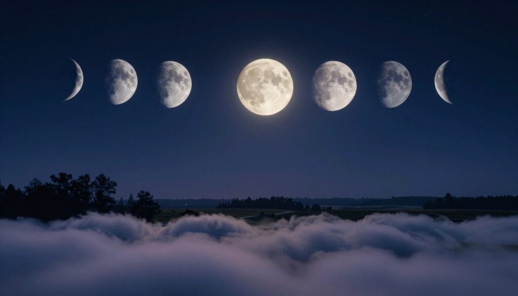 A serene night sky showcasing the eight distinct phases of the moon, arranged in a harmonious semicircle across the image. In the foreground, soft wisps of cloud gently drift, illuminated by the moon's glow, creating a dreamlike quality. The middle layer features subtle silhouettes of trees and a peaceful landscape, enhancing the tranquil atmosphere. In the background, a deep indigo sky transitions to velvety black, speckled with twinkling stars, evoking a sense of wonder and introspection. Soft, ethereal lighting bathes the scene, suggesting the quiet magic of nighttime dreams. Capture this scene using a wide-angle lens to emphasize the grandeur of the lunar cycle, focusing on clarity and luminosity in the moon's phases while maintaining a calm and contemplative mood.