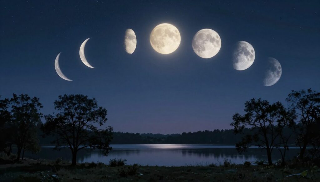 A serene night sky showcasing the eight lunar phases arranged in a circular pattern, each phase gradually transitioning from new moon to full moon, depicted in soft, glowing light. In the foreground, tranquil silhouettes of trees gently sway under the moonlight, casting subtle shadows. The middle ground features a calm lake reflecting the illuminated moons, adding depth and emotion to the scene. The background shows a starry sky with a gradient from deep navy to light indigo, evoking a sense of peace and introspection. Use soft, diffused lighting to create a calming atmosphere. Aim for a wide-angle perspective that captures both the grandeur of the sky and the intimacy of the foreground, inviting contemplation on the psychological effects of lunar cycles. A serene night sky showcasing the eight lunar phases arranged in a circular pattern, each phase gradually transitioning from new moon to full moon, depicted in soft, glowing light. In the foreground, tranquil silhouettes of trees gently sway under the moonlight, casting subtle shadows. The middle ground features a calm lake reflecting the illuminated moons, adding depth and emotion to the scene. The background shows a starry sky with a gradient from deep navy to light indigo, evoking a sense of peace and introspection. Use soft, diffused lighting to create a calming atmosphere. Aim for a wide-angle perspective that captures both the grandeur of the sky and the intimacy of the foreground, inviting contemplation on the psychological effects of lunar cycles.