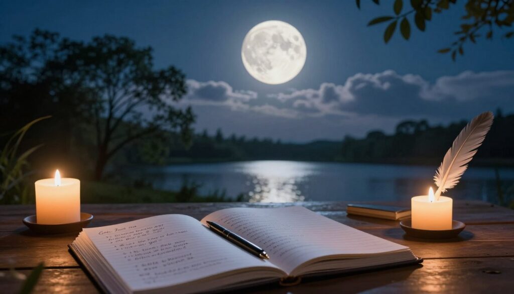 A serene night sky showcasing the full moon in radiant detail, surrounded by a soft halo of light. In the foreground, a wooden desk is laden with elegant journal pages featuring handwritten goal-setting prompts, illuminated by a warm candle and a quill pen. The middle layer includes gentle silhouettes of lush trees swaying in a gentle breeze, adding to the tranquility. In the background, soft clouds drift across the moonlit sky, casting ethereal reflections on a shimmering lake. The overall atmosphere is calm and inspiring, evoking creativity and introspection, with soft, ambient lighting enhancing the peaceful mood. The scene is viewed with a slight angle, conveying depth and inviting the viewer into this magical nighttime writing space. A serene night sky showcasing the full moon in radiant detail, surrounded by a soft halo of light. In the foreground, a wooden desk is laden with elegant journal pages featuring handwritten goal-setting prompts, illuminated by a warm candle and a quill pen. The middle layer includes gentle silhouettes of lush trees swaying in a gentle breeze, adding to the tranquility. In the background, soft clouds drift across the moonlit sky, casting ethereal reflections on a shimmering lake. The overall atmosphere is calm and inspiring, evoking creativity and introspection, with soft, ambient lighting enhancing the peaceful mood. The scene is viewed with a slight angle, conveying depth and inviting the viewer into this magical nighttime writing space.