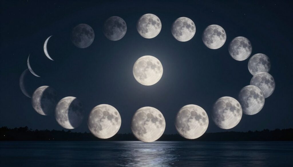 A serene night sky showcasing the intricate lunar cycles and moon phases, depicted in a harmonious blend. In the foreground, a detailed representation of the waxing and waning crescent moons is illuminated softly, highlighting their delicate textures. The middle ground features a full moon set against a dark, starry expanse, casting a gentle glow that reflects subtly on a tranquil surface below, like a lake. In the background, the stages of the moon transition gracefully from new to full, creating a circular pattern that symbolizes the ebb and flow of time. The atmosphere is calming and reflective, with a cool, silvery-blue color palette enhancing the mystical feeling of the lunar landscape, viewed through a wide-angle lens to encompass the grandeur of the scene. A serene night sky showcasing the intricate lunar cycles and moon phases, depicted in a harmonious blend. In the foreground, a detailed representation of the waxing and waning crescent moons is illuminated softly, highlighting their delicate textures. The middle ground features a full moon set against a dark, starry expanse, casting a gentle glow that reflects subtly on a tranquil surface below, like a lake. In the background, the stages of the moon transition gracefully from new to full, creating a circular pattern that symbolizes the ebb and flow of time. The atmosphere is calming and reflective, with a cool, silvery-blue color palette enhancing the mystical feeling of the lunar landscape, viewed through a wide-angle lens to encompass the grandeur of the scene.