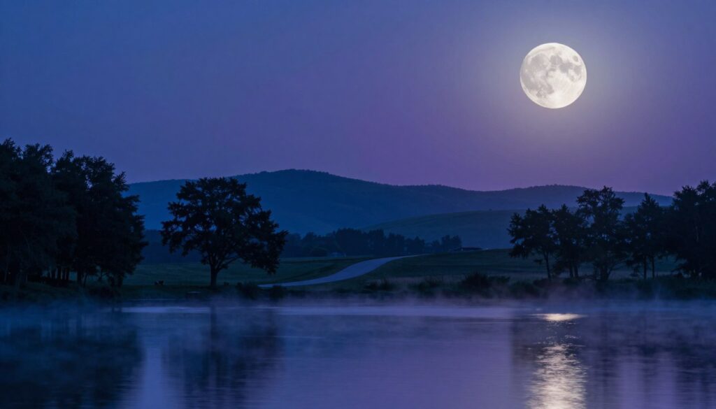 A serene night sky showcasing the last quarter moon, positioned in the top right corner, casting a soft, silvery glow over a tranquil landscape. In the foreground, a peaceful lake reflects the moonlight, surrounded by gentle silhouettes of trees, creating a sense of calm and introspection. The middle ground features a smooth, winding path leading towards the horizon, symbolizing reflection and personal assessment. In the background, softly rolling hills fade into the distance, bathed in deep blues and purples, enhancing the contemplative atmosphere. A gentle mist hovers above the water, glowing under the moon’s light, evoking a feeling of connection with oneself. The overall mood is tranquil, inviting viewers to engage in self-reflection and clarity.