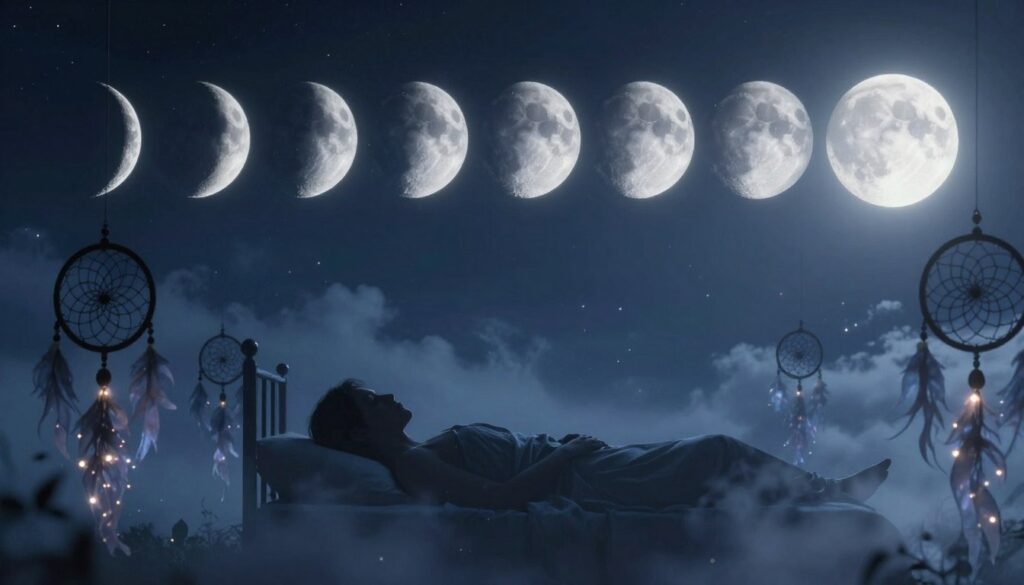 A serene night sky showcasing the phases of the moon, each phase transitioning from a new moon to a full moon in an arc. In the foreground, delicate silhouettes of dream catchers hang, catching ethereal wisps of soft, shimmering light that represent dream energy. The middle of the image features a silhouette of a peaceful figure lying on a bed, eyes closed, surrounded by floating stars and subtle clouds that blend into the moonlit background. The scene is illuminated with cool, soft blue and silver tones, creating a calm and reflective atmosphere. The angle captures the essence of tranquility, with a soft focus on the moon phases, inviting viewers to explore the connection between lunar cycles and sleeping patterns. A serene night sky showcasing the phases of the moon, each phase transitioning from a new moon to a full moon in an arc. In the foreground, delicate silhouettes of dream catchers hang, catching ethereal wisps of soft, shimmering light that represent dream energy. The middle of the image features a silhouette of a peaceful figure lying on a bed, eyes closed, surrounded by floating stars and subtle clouds that blend into the moonlit background. The scene is illuminated with cool, soft blue and silver tones, creating a calm and reflective atmosphere. The angle captures the essence of tranquility, with a soft focus on the moon phases, inviting viewers to explore the connection between lunar cycles and sleeping patterns.