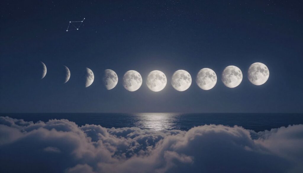 A serene night sky showcasing the phases of the moon, transitioning from new moon to full moon, arranged in a circular progression across the canvas. In the foreground, soft, ethereal clouds gently illuminated by the moonlight convey a sense of emotional intuition. In the middle ground, a calm sea reflects the moon's glow, enhancing the tranquil atmosphere. The background features a starry sky, with constellations subtly visible, suggesting the influence of astrology. The scene is lit by a gentle, cool light, evoking a peaceful and contemplative mood. A wide-angle perspective captures the expansive sky, inviting viewers to connect with the emotions driven by the lunar cycle.