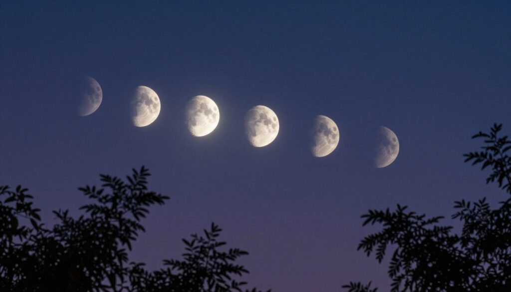 A serene night sky showcasing the phases of the waning moon, positioned in a smooth gradient from a bright half-moon to a delicate crescent. In the foreground, a silhouette of tree branches gently frames the bottom of the image, their leaves rustling in a soft breeze. The middle ground features a clear view of the moon phases, each stage illustrated with subtle variations in illumination, highlighting the gradual reduction of light. In the background, a deep indigo sky is sprinkled with faint stars, contributing to a tranquil, reflective atmosphere. The lighting is soft and diffuse, casting a gentle glow around the moon, while the overall composition conveys a sense of calm and introspection, ideal for illustrating the concept of waning. A serene night sky showcasing the phases of the waning moon, positioned in a smooth gradient from a bright half-moon to a delicate crescent. In the foreground, a silhouette of tree branches gently frames the bottom of the image, their leaves rustling in a soft breeze. The middle ground features a clear view of the moon phases, each stage illustrated with subtle variations in illumination, highlighting the gradual reduction of light. In the background, a deep indigo sky is sprinkled with faint stars, contributing to a tranquil, reflective atmosphere. The lighting is soft and diffuse, casting a gentle glow around the moon, while the overall composition conveys a sense of calm and introspection, ideal for illustrating the concept of waning.