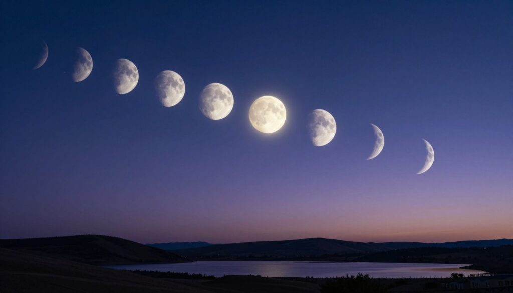 A serene night sky showcasing the various lunar phases in a captivating manner, from a bright full moon to a delicate waxing crescent. In the foreground, subtle silhouettes of tranquil landscapes, such as rolling hills or calm water reflecting the moonlight. The middle ground features a gradient of twilight colors, transitioning from deep indigo to soft lavender, enhancing the ethereal quality of the scene. In the background, distant stars twinkle faintly, adding depth and wonder. The composition should convey a sense of harmony and inner balance, illuminated by gentle, soft lighting that enhances the soothing mood. Utilize a wide-angle lens effect to capture the vastness of the sky, focusing on the lunar phases as symbols of personal growth and spiritual alignment. A serene night sky showcasing the various lunar phases in a captivating manner, from a bright full moon to a delicate waxing crescent. In the foreground, subtle silhouettes of tranquil landscapes, such as rolling hills or calm water reflecting the moonlight. The middle ground features a gradient of twilight colors, transitioning from deep indigo to soft lavender, enhancing the ethereal quality of the scene. In the background, distant stars twinkle faintly, adding depth and wonder. The composition should convey a sense of harmony and inner balance, illuminated by gentle, soft lighting that enhances the soothing mood. Utilize a wide-angle lens effect to capture the vastness of the sky, focusing on the lunar phases as symbols of personal growth and spiritual alignment.