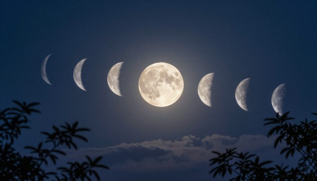 A serene night sky showcasing the various lunar phases, prominently displaying the New Moon, Waxing Crescent, First Quarter, Waxing Gibbous, Full Moon, Waning Gibbous, Last Quarter, and Waning Crescent. In the foreground, delicate silhouettes of tree branches frame the bottom of the image, enhancing the visual depth. The middle ground features a softly illuminated Full Moon, casting a gentle glow that highlights the craters and valleys on its surface, while the other phases are slightly dimmer, creating a gradient effect of light. In the background, a starry sky with twinkling stars and subtle wisps of clouds adds a mystical ambiance. The overall mood is tranquil and introspective, inviting viewers to reflect on the significance of lunar cycles. The scene is captured with a wide-angle lens to encompass the vastness of the sky, under soft, ambient moonlight. A serene night sky showcasing the various lunar phases, prominently displaying the New Moon, Waxing Crescent, First Quarter, Waxing Gibbous, Full Moon, Waning Gibbous, Last Quarter, and Waning Crescent. In the foreground, delicate silhouettes of tree branches frame the bottom of the image, enhancing the visual depth. The middle ground features a softly illuminated Full Moon, casting a gentle glow that highlights the craters and valleys on its surface, while the other phases are slightly dimmer, creating a gradient effect of light. In the background, a starry sky with twinkling stars and subtle wisps of clouds adds a mystical ambiance. The overall mood is tranquil and introspective, inviting viewers to reflect on the significance of lunar cycles. The scene is captured with a wide-angle lens to encompass the vastness of the sky, under soft, ambient moonlight.
