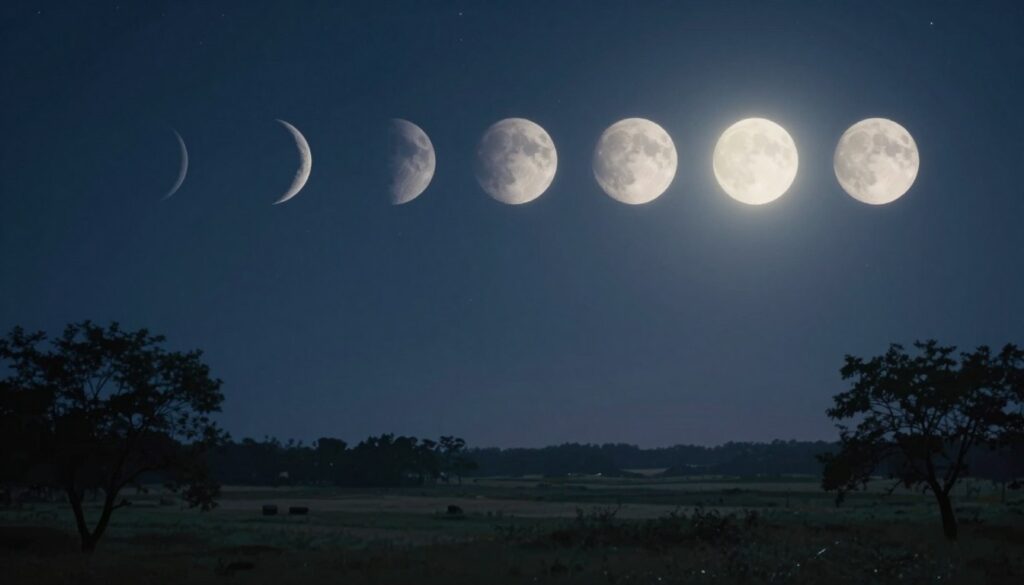 A serene night sky showcasing the various phases of the moon, from a bright full moon to a delicate crescent, each phase artistically representing different emotional states. In the foreground, soft silhouettes of trees frame the bottom of the image, creating a sense of tranquility. The middle ground features a tranquil landscape, hinting at a peaceful meadow under the lunar light. The background displays a star-studded sky with gentle twinkling stars enhancing the celestial theme. Use soft, cool lighting to evoke calmness and introspection, with the moon casting a gentle glow on the landscape. Choose a slightly blurred wide-angle lens perspective to give depth, while maintaining a dreamy atmosphere that reflects cultural beliefs and emotions associated with the moon.