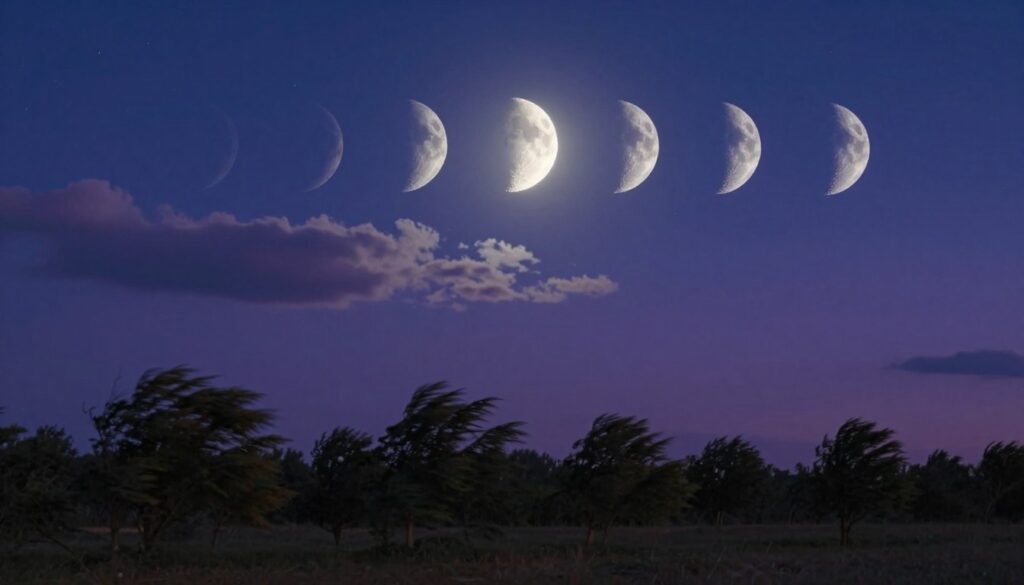 A serene night sky showcasing the various phases of the moon, with a focus on the Waxing Crescent, prominently illuminating the scene. In the foreground, delicate silvery moonlight filters through soft clouds, creating subtle glows. The middle ground features a peaceful landscape, with silhouettes of trees gently swaying in a light breeze, reflecting the theme of building momentum and new beginnings. In the background, a deep indigo sky transitions into shades of violet, dotted with twinkling stars to enhance the sense of calmness and introspection. The overall atmosphere is tranquil and inviting, perfect for mindfulness and reflection, evoking a sense of hope and growth. Soft, ambient lighting emphasizes the serene mood, with a slight focus on the Waxing Crescent moon, highlighting its significance.