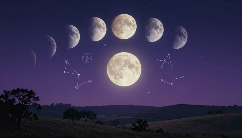 A serene night sky showcasing various moon phases, with the full moon glowing brightly in the foreground. Surrounding the moon, astrological symbols and constellations are subtly integrated into the scene, adding depth and mystique. In the middle ground, a picturesque landscape features silhouette trees and rolling hills bathed in gentle moonlight. The background is a gradient of deep navy and lavender hues, dotted with scattered stars, creating a tranquil celestial ambiance. The lighting is soft and ethereal, emphasizing the magical connection between astrology and the moon phases. Capture this scene from a slightly elevated angle to enhance the vastness of the sky, evoking a sense of wonder and inspiration for creative ventures. A serene night sky showcasing various moon phases, with the full moon glowing brightly in the foreground. Surrounding the moon, astrological symbols and constellations are subtly integrated into the scene, adding depth and mystique. In the middle ground, a picturesque landscape features silhouette trees and rolling hills bathed in gentle moonlight. The background is a gradient of deep navy and lavender hues, dotted with scattered stars, creating a tranquil celestial ambiance. The lighting is soft and ethereal, emphasizing the magical connection between astrology and the moon phases. Capture this scene from a slightly elevated angle to enhance the vastness of the sky, evoking a sense of wonder and inspiration for creative ventures.