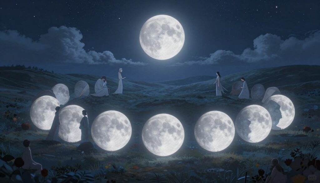 A serene nightscape depicting the cycles of the moon against a backdrop of softly rolling hills. In the foreground, several phases of the moon are illustrated in a circular arrangement, each illuminating a tranquil scene below that reflects varying emotions, from joy to melancholy. The middle layer showcases subtle, ethereal figures, representing different moods, gently interacting with the moonlight, dressed in flowing, modest clothing. The background features a starry sky with clouds drifting lazily, creating a dreamlike atmosphere. The lighting is soft and luminous, with a cool color palette of blues and silvers to evoke tranquility. Capture from a slightly elevated angle to emphasize depth, inviting the viewer into this emotional journey influenced by the moon. A serene nightscape depicting the cycles of the moon against a backdrop of softly rolling hills. In the foreground, several phases of the moon are illustrated in a circular arrangement, each illuminating a tranquil scene below that reflects varying emotions, from joy to melancholy. The middle layer showcases subtle, ethereal figures, representing different moods, gently interacting with the moonlight, dressed in flowing, modest clothing. The background features a starry sky with clouds drifting lazily, creating a dreamlike atmosphere. The lighting is soft and luminous, with a cool color palette of blues and silvers to evoke tranquility. Capture from a slightly elevated angle to emphasize depth, inviting the viewer into this emotional journey influenced by the moon.