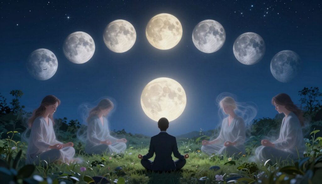 A serene nightscape depicting the lunar cycle's influence on mental health, with each phase of the moon elegantly illustrated in the sky. In the foreground, a calm figure in professional attire sits cross-legged, meditating peacefully under the radiant full moon, embodying tranquility. Surrounding them, ethereal representations of emotions—joy, sadness, anxiety, and calm—float like wisps of clouds, softly illuminated by the moonlight. The middle ground features lush greenery, symbolizing growth and healing, while in the background, a starry sky fades gradually from deep indigo to twilight blue, enhancing the overall calming atmosphere. The scene is bathed in a soft glow, with delicate lighting accentuating the emotional nuances and conveying a sense of introspection and harmony.