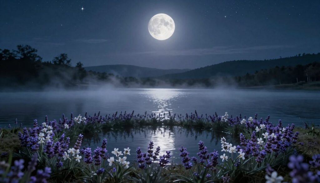 A serene nighttime landscape depicting a new moon hanging low in the starry sky, casting a gentle, silvery glow. The foreground features delicate lavender and white blossoms arranged in a circular pattern, symbolizing new beginnings and fresh intentions. In the middle ground, a calm body of water reflects the moonlight, enhancing the tranquil atmosphere. Soft, ethereal wisps of fog rise from the surface, adding a sense of mystery and magic. The background is filled with dark silhouettes of rolling hills and distant trees under a twinkling array of stars. The overall mood is peaceful and introspective, evoking feelings of hope and renewal, perfect for visualizing the energy of affirmations during the new moon phase. Lighting is soft and diffused, creating an inviting, dreamlike quality.