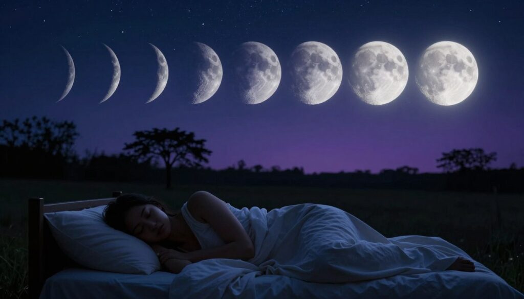 A serene nighttime landscape depicting the different phases of the moon transitioning from new to full, illuminated against a starry sky. In the foreground, a tranquil sleeping figure is shown resting on a bed, bathed in soft, silver moonlight, suggesting calmness and restfulness. The middle ground features silhouettes of trees softly swaying in a gentle breeze, creating a peaceful ambiance. The background showcases a gradient sky transitioning from deep indigo to shades of violet, dotted with twinkling stars. The moon is a prominent feature, casting a soft glow that highlights the contours of the figure and the landscape, evoking a sense of introspection and tranquility. The overall mood is serene, emphasizing the connection between the moon's phases and the quality of sleep, inviting viewers to explore the lunar influence on rest. A serene nighttime landscape depicting the different phases of the moon transitioning from new to full, illuminated against a starry sky. In the foreground, a tranquil sleeping figure is shown resting on a bed, bathed in soft, silver moonlight, suggesting calmness and restfulness. The middle ground features silhouettes of trees softly swaying in a gentle breeze, creating a peaceful ambiance. The background showcases a gradient sky transitioning from deep indigo to shades of violet, dotted with twinkling stars. The moon is a prominent feature, casting a soft glow that highlights the contours of the figure and the landscape, evoking a sense of introspection and tranquility. The overall mood is serene, emphasizing the connection between the moon's phases and the quality of sleep, inviting viewers to explore the lunar influence on rest.