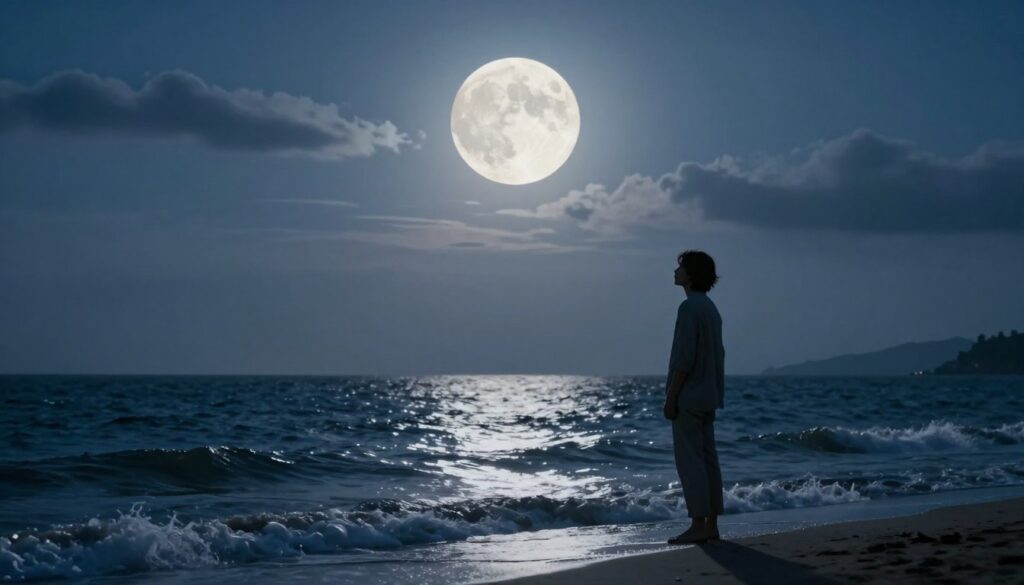 A serene nighttime landscape dominated by a luminous full moon. In the foreground, gently rolling waves reflect the moonlight, symbolizing the tides' connection to human emotions. The middle ground showcases a solitary figure standing on the shore, gazing thoughtfully at the moonlit water, dressed in modest casual clothing. Their expression conveys introspection and emotional sensitivity. The background features soft, dark clouds partially drifting past the moon, casting diffused, ethereal light over the scene. The atmosphere should evoke a sense of calm and contemplation, with soft blue and silver tones highlighting the connection between the moon and emotions. Capture this moment with a slightly elevated angle, emphasizing the moon's grandeur above the tranquil ocean and the figure's quiet reflection. A serene nighttime landscape dominated by a luminous full moon. In the foreground, gently rolling waves reflect the moonlight, symbolizing the tides' connection to human emotions. The middle ground showcases a solitary figure standing on the shore, gazing thoughtfully at the moonlit water, dressed in modest casual clothing. Their expression conveys introspection and emotional sensitivity. The background features soft, dark clouds partially drifting past the moon, casting diffused, ethereal light over the scene. The atmosphere should evoke a sense of calm and contemplation, with soft blue and silver tones highlighting the connection between the moon and emotions. Capture this moment with a slightly elevated angle, emphasizing the moon's grandeur above the tranquil ocean and the figure's quiet reflection.