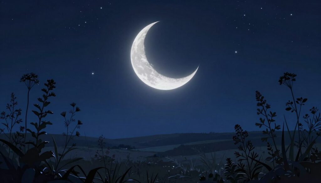 A serene nighttime landscape featuring a beautiful waxing crescent moon glowing softly in the sky, surrounded by twinkling stars. In the foreground, delicate silhouettes of mystical plants and herbs frame the scene, hinting at astrological symbolism. The middle-ground reveals a tranquil horizon line with gentle hills under a starry sky, creating a sense of depth. The background is a deep navy blue, enhancing the luminosity of the moon and the stars, evoking a mystical and introspective atmosphere. Soft, ethereal lighting casts gentle shadows, giving the scene a dreamlike quality. The composition is framed from a slightly elevated angle, capturing the celestial beauty and profound energy of the waxing crescent moon, embodying its astrological significance. A serene nighttime landscape featuring a beautiful waxing crescent moon glowing softly in the sky, surrounded by twinkling stars. In the foreground, delicate silhouettes of mystical plants and herbs frame the scene, hinting at astrological symbolism. The middle-ground reveals a tranquil horizon line with gentle hills under a starry sky, creating a sense of depth. The background is a deep navy blue, enhancing the luminosity of the moon and the stars, evoking a mystical and introspective atmosphere. Soft, ethereal lighting casts gentle shadows, giving the scene a dreamlike quality. The composition is framed from a slightly elevated angle, capturing the celestial beauty and profound energy of the waxing crescent moon, embodying its astrological significance.