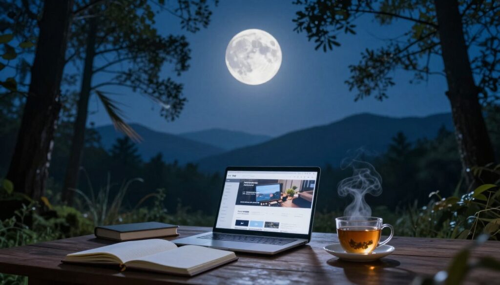 A serene nighttime landscape featuring a clear blue sky dominated by a glowing First Quarter Moon, casting soft, silvery light over a tranquil forest. In the foreground, a wooden table is adorned with open notebooks, a laptop displaying a content creation platform, and a steaming cup of herbal tea, symbolizing focus and creativity. The middle ground showcases several tall trees gently swaying in the breeze, while the background reveals a silhouette of distant mountains under the moonlight. Use a soft focus on the details, with ethereal lighting highlighting the moon's phases. The atmosphere should feel inspiring and motivating, evoking a sense of taking action and harnessing the energy of the First Quarter Moon for productive endeavors.