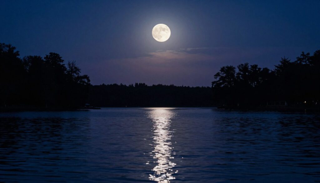A serene nighttime landscape featuring a full moon casting a luminous reflection on a tranquil lake. The foreground includes gently rippling water, with soft glimmers of moonlight dancing across the surface. In the middle ground, silhouetted trees frame the lake, creating a natural border against the night sky. The background reveals a soft gradient of deep navy blue to indigo, sprinkled with twinkling stars. Utilize a wide-angle lens to capture the vastness of the sky, and employ gentle, diffused lighting to enhance the calming atmosphere. The overall mood should convey a sense of peaceful reflection and celebration, inviting the viewer to appreciate the beauty of the lunar cycle.