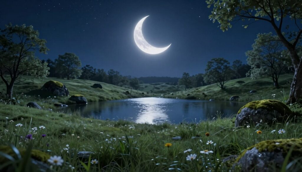 A serene nighttime landscape featuring a glowing waxing crescent moon, symbolizing spiritual growth and renewal. In the foreground, gentle hills with soft, green grass and small wildflowers bathed in silvery moonlight. In the middle ground, a calm, reflective lake captures the moon's light, enhancing the sense of tranquility. Surrounding the lake, moss-covered stones and delicate trees frame the scene, appearing ethereal under the moon's glow. The background showcases a starry sky, deep indigo transitioning to midnight blue. Soft, diffused lighting creates a peaceful atmosphere, evoking a sense of wonder and introspection. The angle is slightly elevated, allowing a panoramic view of the serene landscape, emphasizing the moon's significance in the spiritual realm. A serene nighttime landscape featuring a glowing waxing crescent moon, symbolizing spiritual growth and renewal. In the foreground, gentle hills with soft, green grass and small wildflowers bathed in silvery moonlight. In the middle ground, a calm, reflective lake captures the moon's light, enhancing the sense of tranquility. Surrounding the lake, moss-covered stones and delicate trees frame the scene, appearing ethereal under the moon's glow. The background showcases a starry sky, deep indigo transitioning to midnight blue. Soft, diffused lighting creates a peaceful atmosphere, evoking a sense of wonder and introspection. The angle is slightly elevated, allowing a panoramic view of the serene landscape, emphasizing the moon's significance in the spiritual realm.