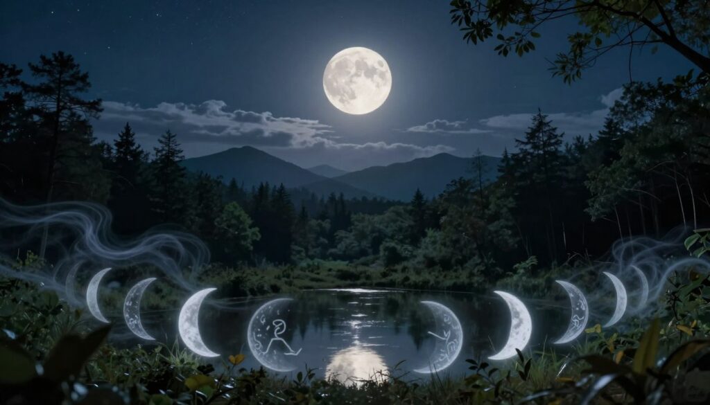 A serene nighttime landscape featuring a luminous full moon, its soft glow casting gentle light across a tranquil forest setting. In the foreground, delicate lunar symbols representing various moon signs are semi-transparent, blending harmoniously with the foliage. Ethereal wisps of clouds drift by, hinting at the emotional influence of the moon on our feelings. In the middle ground, a reflective pond mirrors the moon's brilliance, enhancing the emotional depth of the scene. The background showcases distant mountains under a starry sky, creating a sense of vastness and introspection. The lighting is soft and atmospheric, evoking a calm and contemplative mood. Use a wide-angle lens perspective to capture the expansive beauty of the night, emphasizing the connection between the moon and human emotions. A serene nighttime landscape featuring a luminous full moon, its soft glow casting gentle light across a tranquil forest setting. In the foreground, delicate lunar symbols representing various moon signs are semi-transparent, blending harmoniously with the foliage. Ethereal wisps of clouds drift by, hinting at the emotional influence of the moon on our feelings. In the middle ground, a reflective pond mirrors the moon's brilliance, enhancing the emotional depth of the scene. The background showcases distant mountains under a starry sky, creating a sense of vastness and introspection. The lighting is soft and atmospheric, evoking a calm and contemplative mood. Use a wide-angle lens perspective to capture the expansive beauty of the night, emphasizing the connection between the moon and human emotions.